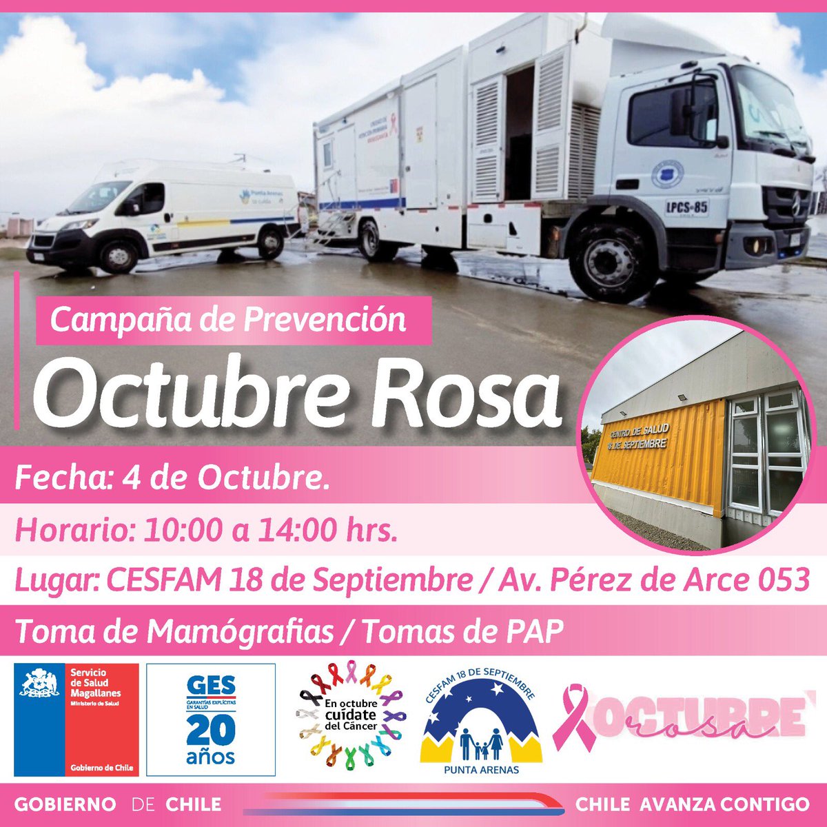 🔴#MesPrevenciónOncológica Una pesquisa precoz es fundamental para un diagnóstico y tratamiento oportuno, junto a nuestro #MamógrafoMóvil estaremos hoy en sector #RioDeLosCiervos y mañana en #CESFAM18. Requisitos: tener ➕40 años, <a href="/Fonasa/">Fonasa - Fondo Nacional de Salud - Chile</a> y estar inscrita en establecimiento #APS.