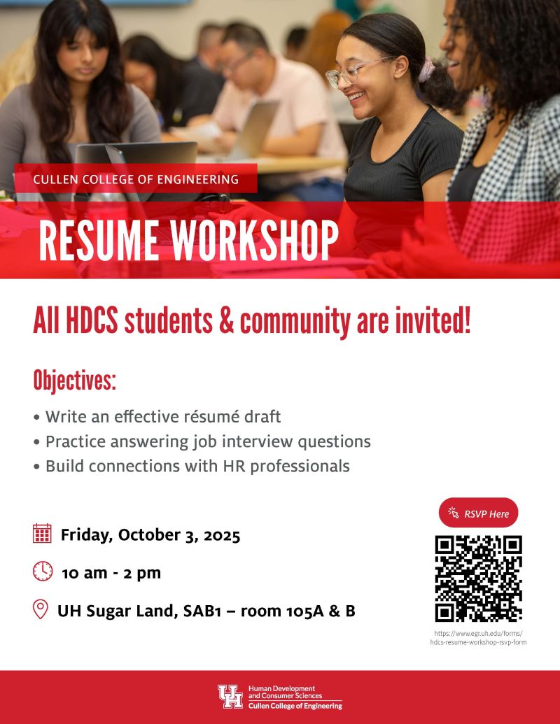 UHEngineeringSL's tweet image. Coogs🐾, join us for the HDCS Resume Workshop!
🚨Today, Oct 3rd
⏰10 am - 2 pm
📍UH Sugar Land, SAB1, room 105A & B.
HR pros, contact Dr. Polesello to volunteer!
RSVP: egr.uh.edu/forms/hdcs-res…
#EngineeredForWhatsNext
