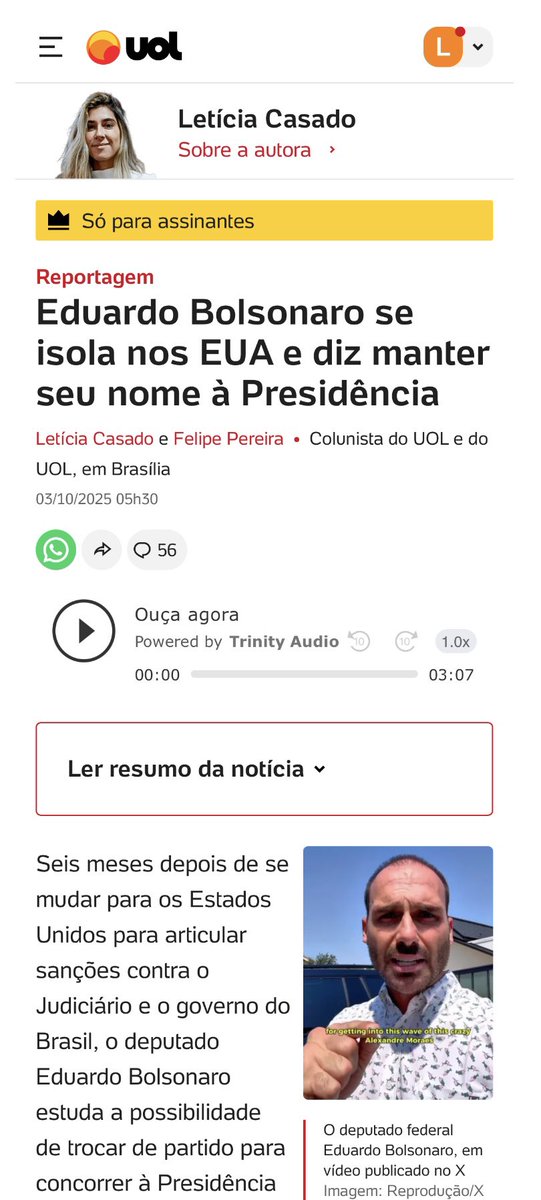 Seis meses depois de se mudar para os EUA para articular sanções contra o Brasil, Eduardo Bolsonaro estuda a possibilidade de trocar de partido para concorrer à presidência em 2026 em meio ao isolamento por parte de colegas do centrão e do próprio PL

noticias.uol.com.br/colunas/letici…