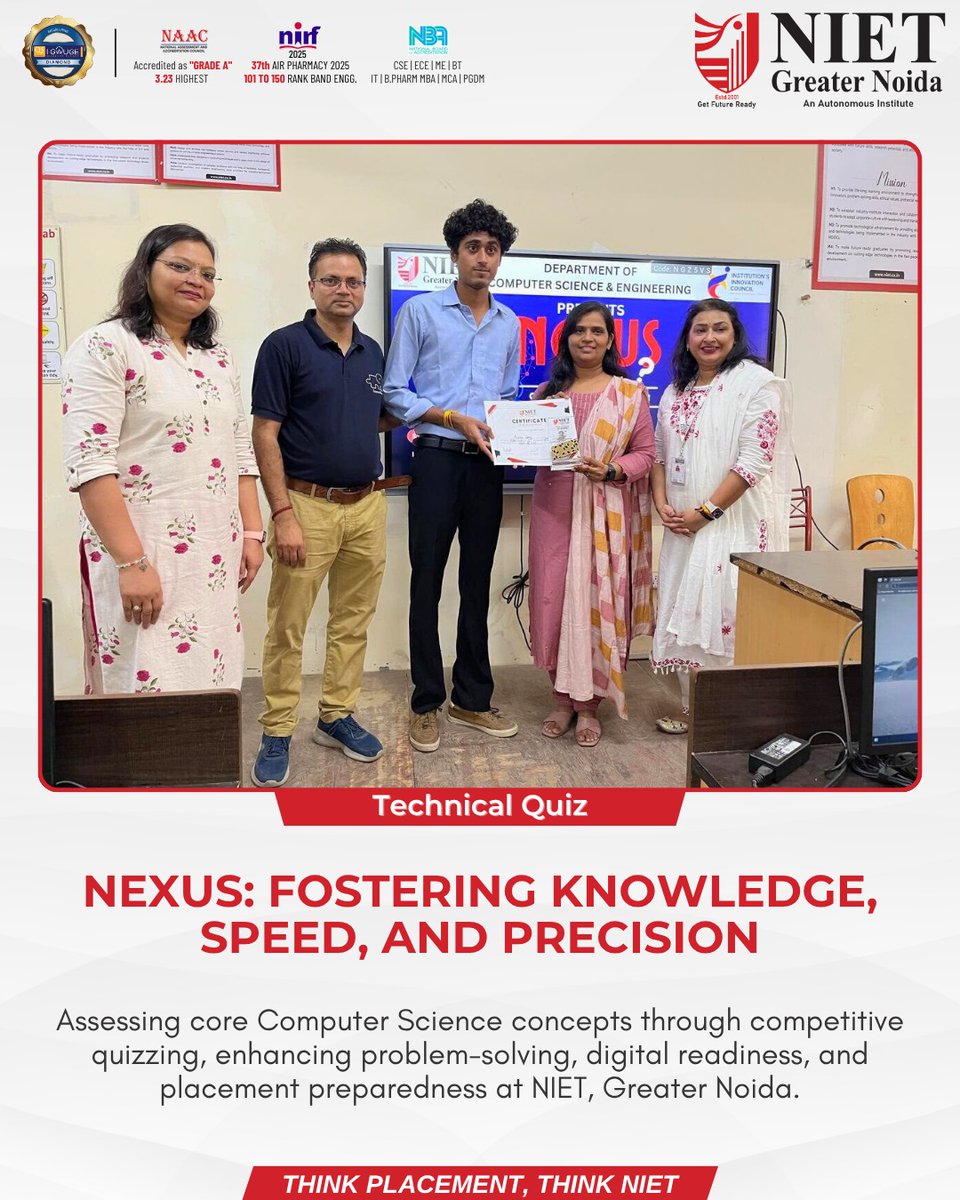 niet_grnoida's tweet image. NEXUS: Fostering Knowledge, Speed &amp;amp; Precision

The Department of Computer Science &amp;amp; Engineering at NIET Greater Noida successfully organized a technical quiz event, NEXUS, on 12th September 2025 through the Unstop platform.
#NIET #NIETGreaterNoida #TechnicalQuiz #NEXUS #CSE
