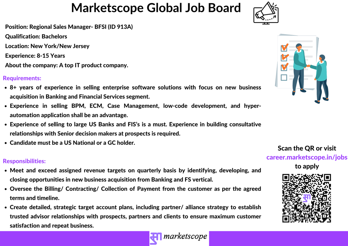 Marketscope_IND's tweet image. Job Alert !!!
We are currently looking for candidates for a Regional Sales Manager- BFSI for a top IT product company. 

Experience: 8-15 Years
Location: New York/New Jersey

To apply please visit
career.marketscope.in/jobs
(Please search for ID 913A)

For more such updates, follow…