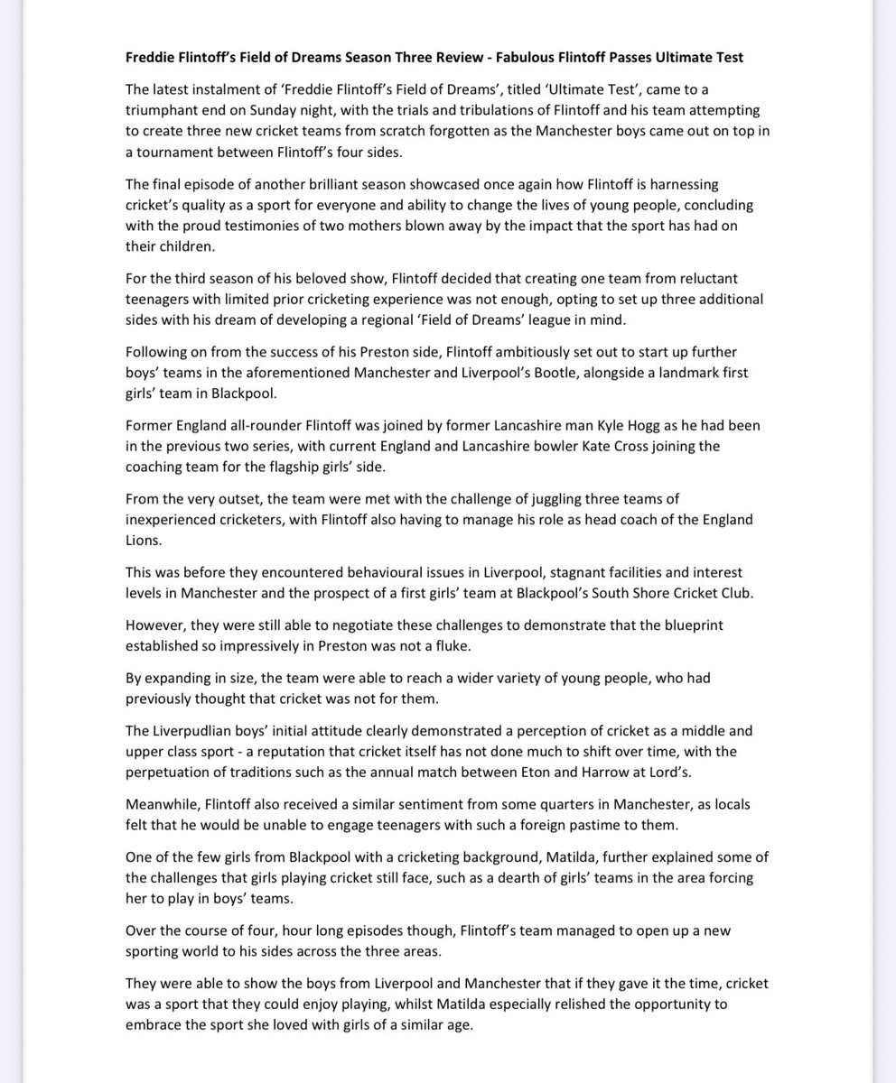 WNMSportJ2005's tweet image. Review of the third brilliant series of Freddie Flintoff’s Field of Dreams on the @bbc that came to an end on Sunday night!

The review considers the show’s ability to show that cricket is for everyone and the real power of cricket to change lives!

#freddieflintoff #bbccricket