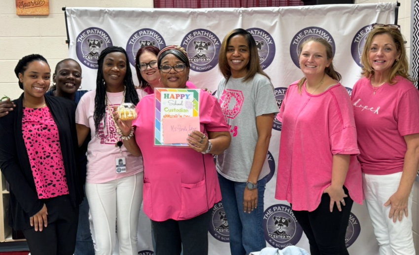 PathwayK5's tweet photo. For national custodian day we celebrated Ms. Johnson, our amazing custodian who keeps the school sparkly clean every day ✨ Her hard work and kindness make a big difference, and we are so grateful for everything she does! 💖💗💫 #LeadingLearning #AimForExcellence https://t.co/xMD8sMLWis