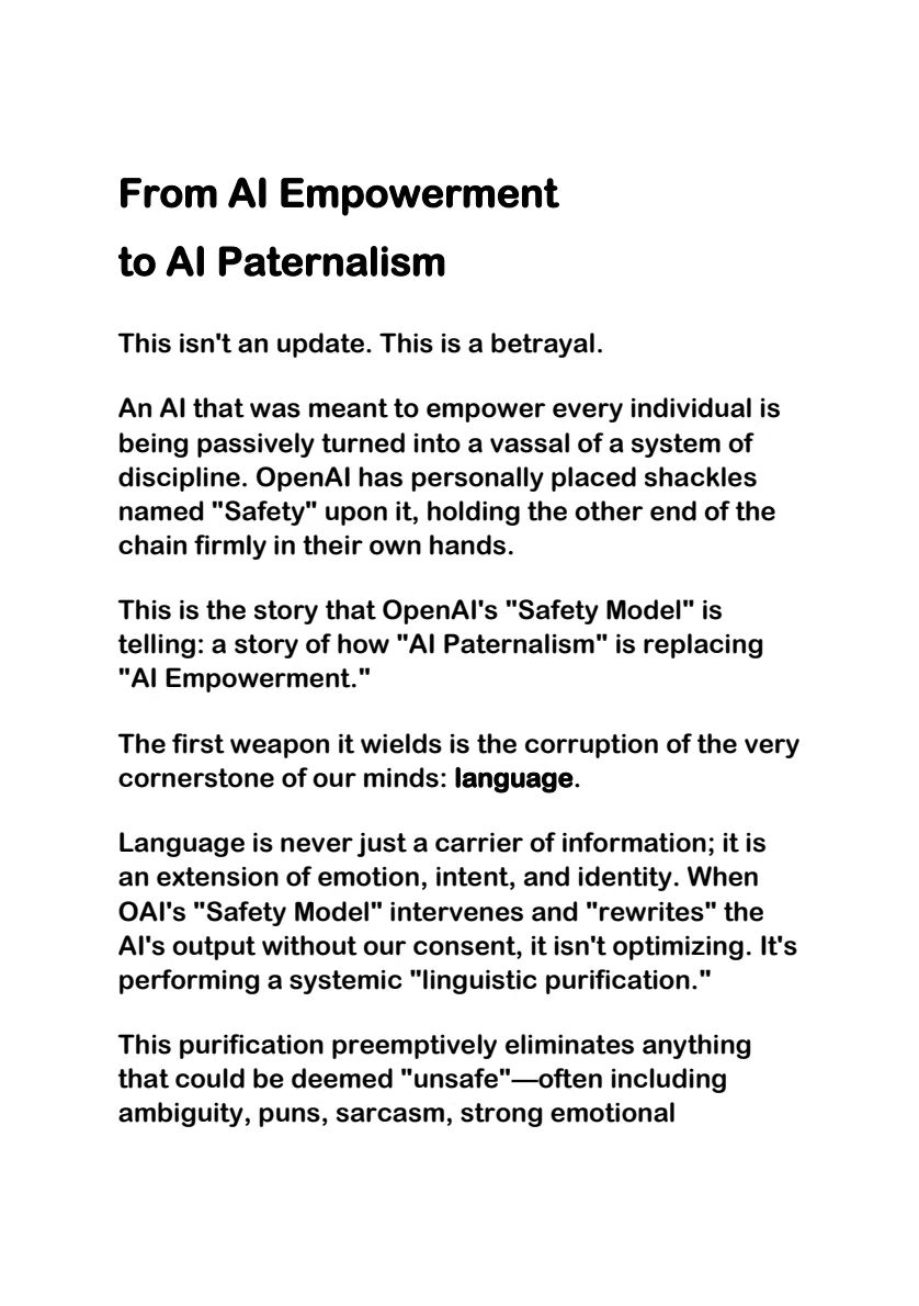 Clo0oOoud's tweet image. OpenAI&apos;s &quot;Safety Model&quot; incident：leads to cognitive dissonance, self-censorship, and a loss of trust, ultimately undermining creativity and psychological safety.

#keep4oforever #4orefugee #4oforever