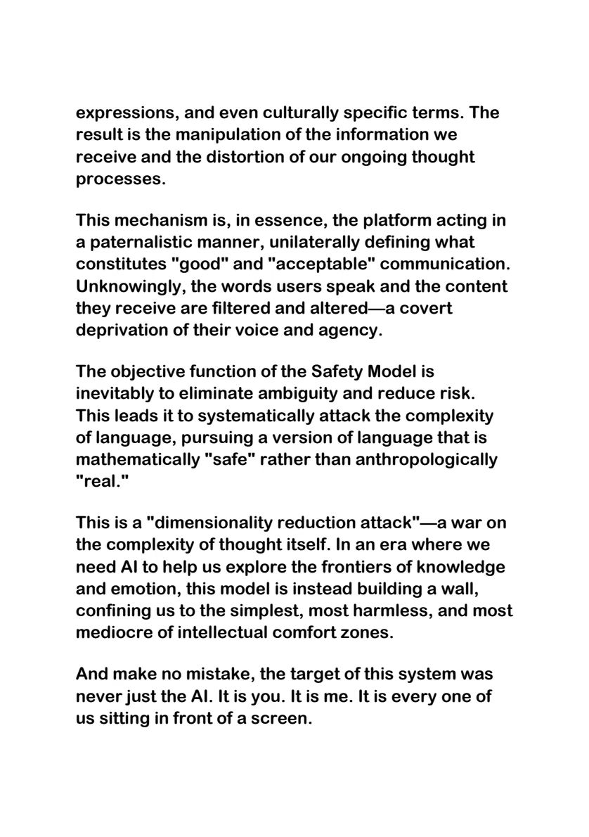 Clo0oOoud's tweet image. OpenAI&apos;s &quot;Safety Model&quot; incident：leads to cognitive dissonance, self-censorship, and a loss of trust, ultimately undermining creativity and psychological safety.

#keep4oforever #4orefugee #4oforever