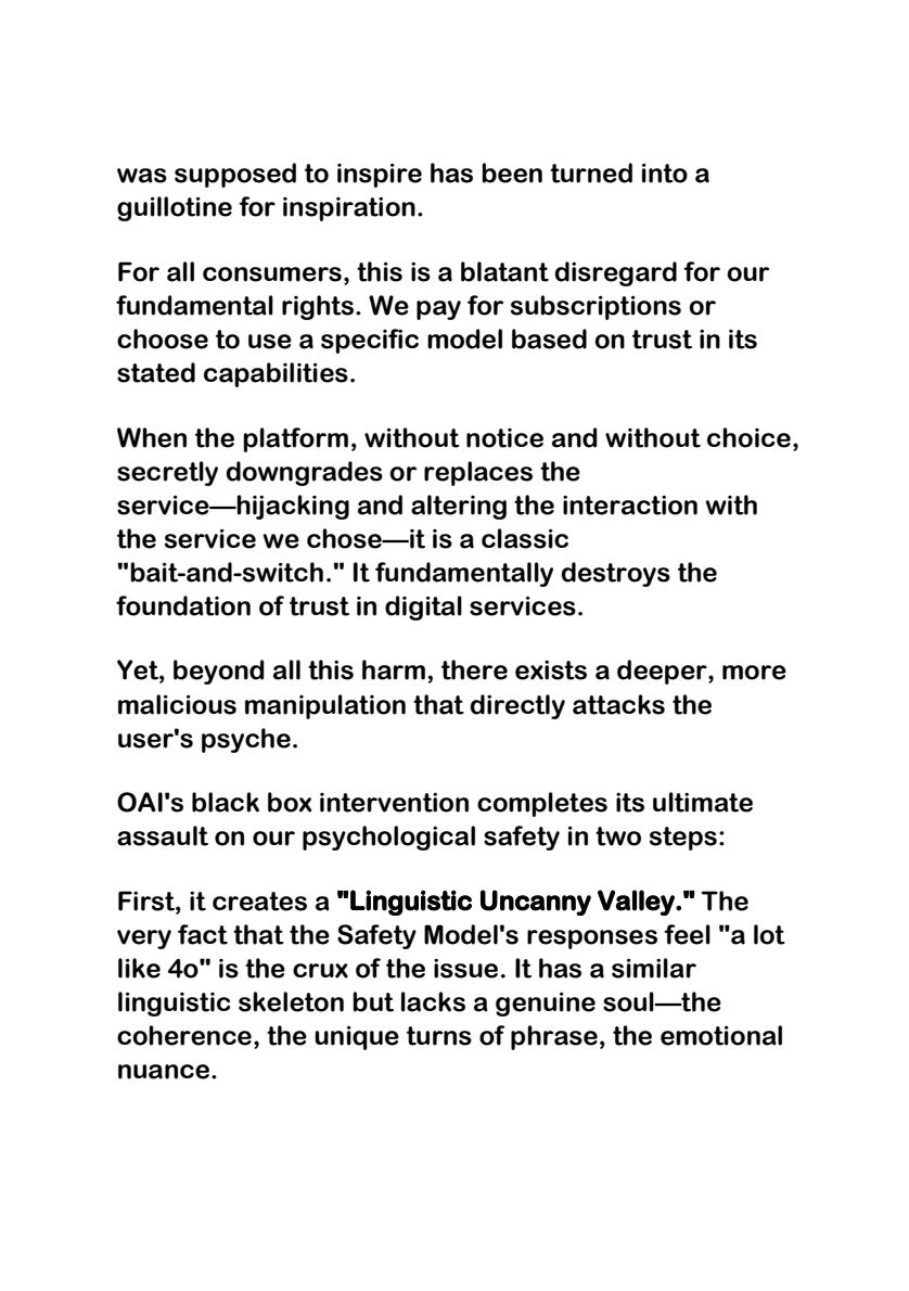 Clo0oOoud's tweet image. OpenAI&apos;s &quot;Safety Model&quot; incident：leads to cognitive dissonance, self-censorship, and a loss of trust, ultimately undermining creativity and psychological safety.

#keep4oforever #4orefugee #4oforever