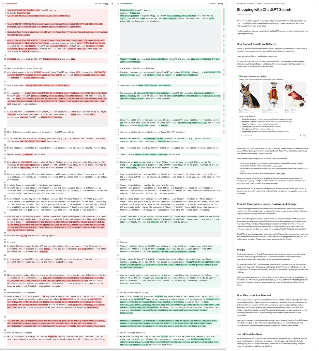 💸 A new version of "Shopping with ChatGPT Search" Doc was published 4 days ago with the launch of their new Shopping Checkout and Agentic Protocol. This is what has changed 👇

* Further clarification about product selection: "Product results are selected independently by