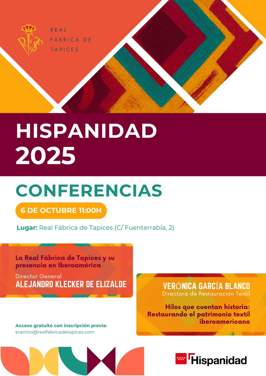 Os informamos de que podréis seguir por directo de Instagram las conferencias programadas para este lunes 7 de octubre a las 11h., con motivo de la Semana de la Hispanidad.

instagram.com/realfabricatap…

#realfabricadetapices #SemanaDeLaHispanidad #telares #loom #hechoamano