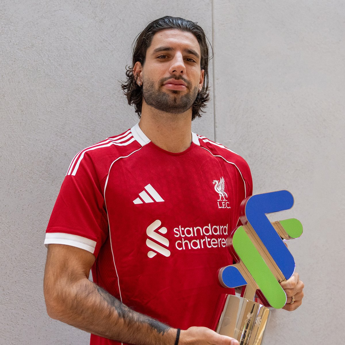LFC's tweet photo. Well deserved, Szobo 👏

Dominik Szoboszlai collects his @StanChart Player of the Month award for August 🏆 #Ad