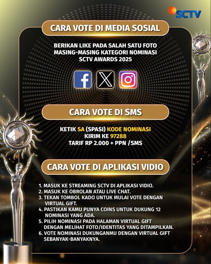 Yuk, dukung Nicole Rossi untuk memenangkan Kategori AKTRIS UTAMA PALING NGETOP di X dengan cara like foto berikut atau #VoteSA2025 via SMS, Instagram, dan Facebook, atau bisa juga melalui Virtual Gift di aplikasi Vidio.

#SA2025 #SA #SCTVAwards2025 #SCTVSpesial #VotingSA2025
