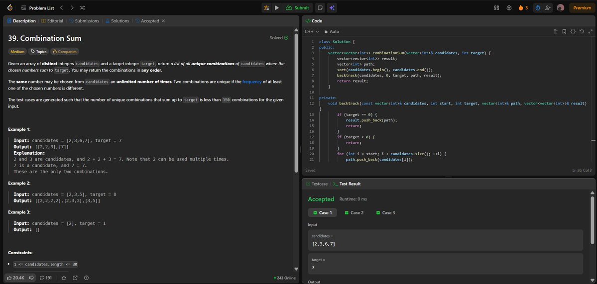 Anurags44798025's tweet image. Day 67/100 of #100DaysOfCode! 🚀
My approach is a recursive DFS: ➡️ Choose a candidate. ➡️ Explore with the reduced target. ➡️ Backtrack to try the next path.
#LeetCode #CodingChallenge #CPlusPlus #Algorithms #Recursion #SoftwareDevelopment