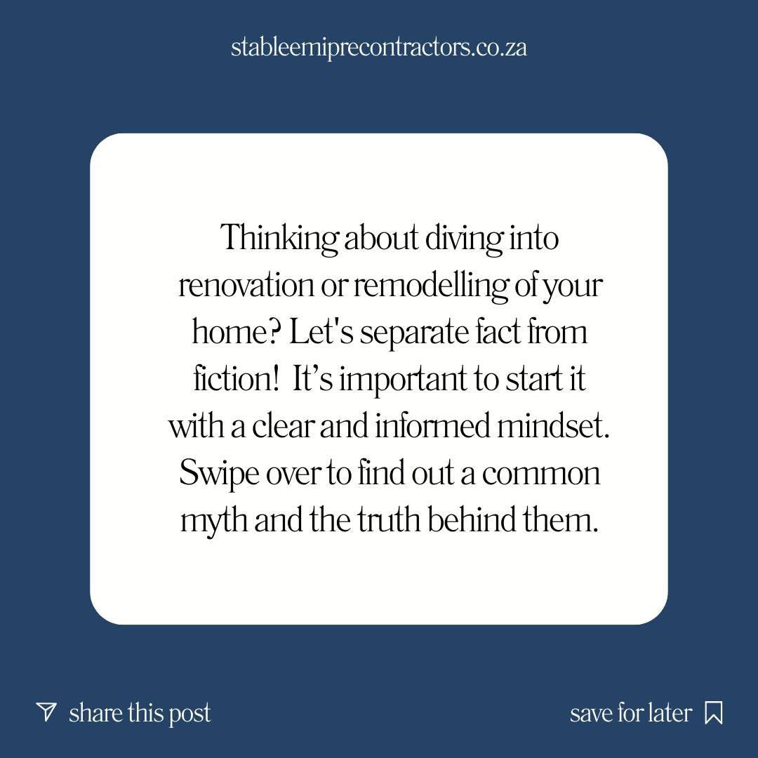 Chelsea601C's tweet image. @EmpireStable is debunking some Myths about renovations in SA. #FridayThoughts #BusinessandFinance #ConstructionSA #RenovationSA #RealEstate #homeowners