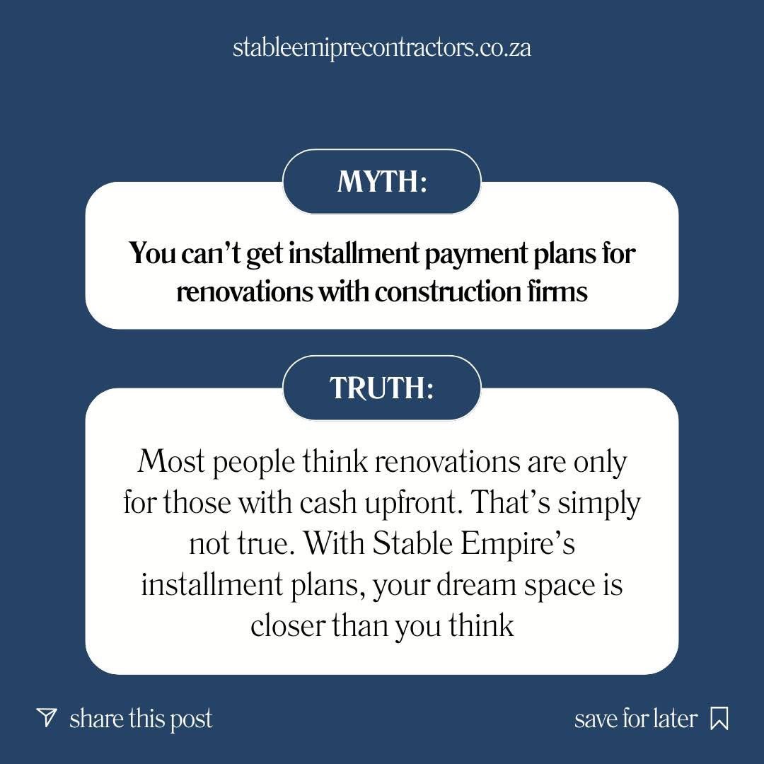 Chelsea601C's tweet image. @EmpireStable is debunking some Myths about renovations in SA. #FridayThoughts #BusinessandFinance #ConstructionSA #RenovationSA #RealEstate #homeowners
