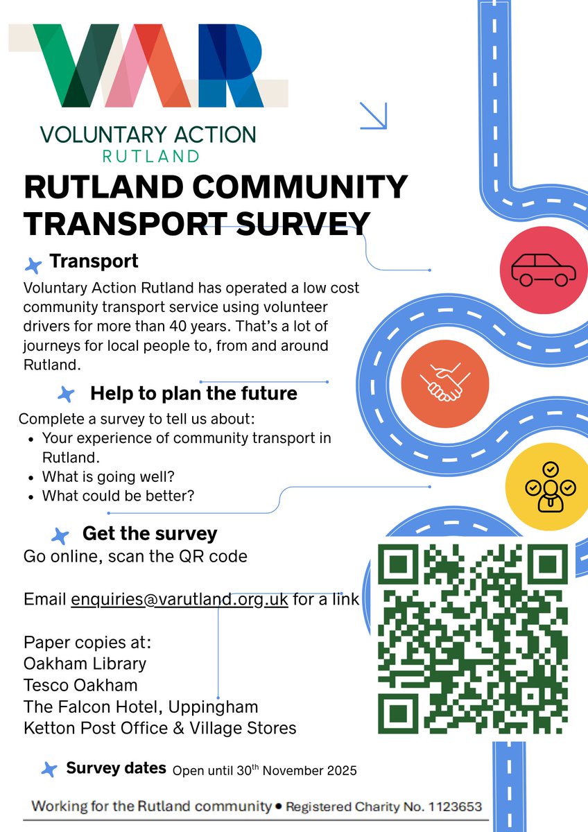 VARutland's tweet photo. VAR is carrying out a Transport Survey and we really want to know what you think!  What have we got right, where could we do better?  Scan the QR code, follow this link https://t.co/HPvO04EuxJ or collect a paper copy at Tesco Oakham, Falcon Hotel U/ham and Ketton Village Store. https://t.co/XZ9A5ixBoy