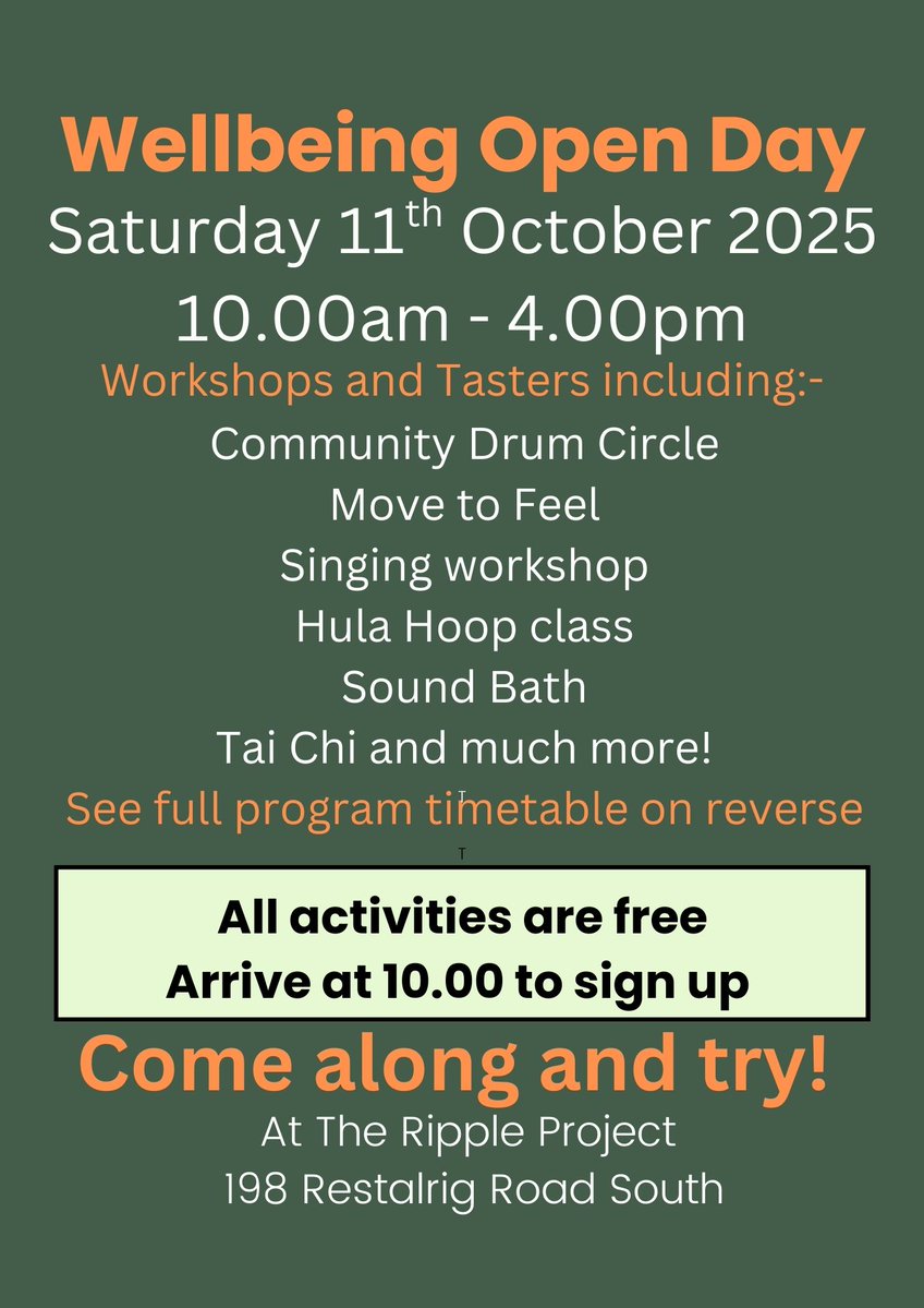 Have you picked out your workshops yet? Are you a hula hooper, a silent dancer, an artist, musician, mover, groover? We have something for you next week at our 5th Annual Wellbeing Open Day! Arrive early to make sure you get your space, its all free, bring a friend, see you there