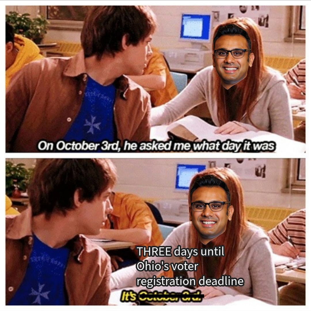 It's October 3rd. 📆

Clerk Parikh wants to remind everyone that you have three days left to register or update your voter registration for the Nov. 4, 2025 election. The deadline is Monday, October 6th! Visit <a href="/VoteHamCoBOE/">Hamilton County BOE</a> website for more information: votehamiltoncountyohio.gov