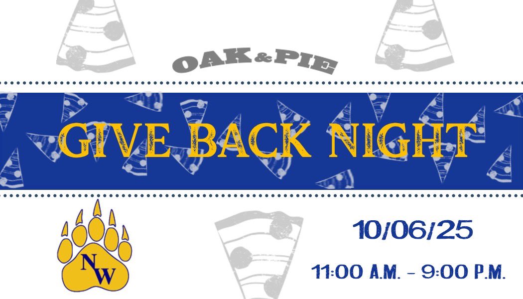 Grizzly Nation! Oak and Pie is hosting a give back night for us on Monday, Oct. 6th. 10% of sales for the day will come back to help fund our program. Please get out and support if you can!