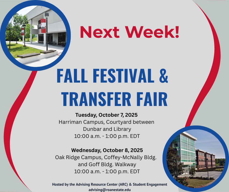 Don't forget! Fall Festival and Transfer Fairs are NEXT WEEK! Be sure you stop by and talk to recruiters. Harriman Campus will be on Tues. at 10am to 1pm (Student Lounge if it rains). Oak Ridge is Wed. at 10am to 1pm (Coffey McNally Atrium if it rains). We can't wait to see you!