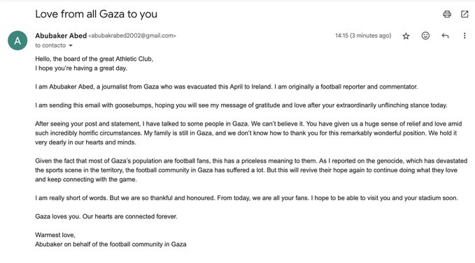 An email screenshot with text from Abubaker Abed to The Athletic. The text includes gratitude and love from the Gaza football community. Visible text mentions Gaza, football, and The Athletic.