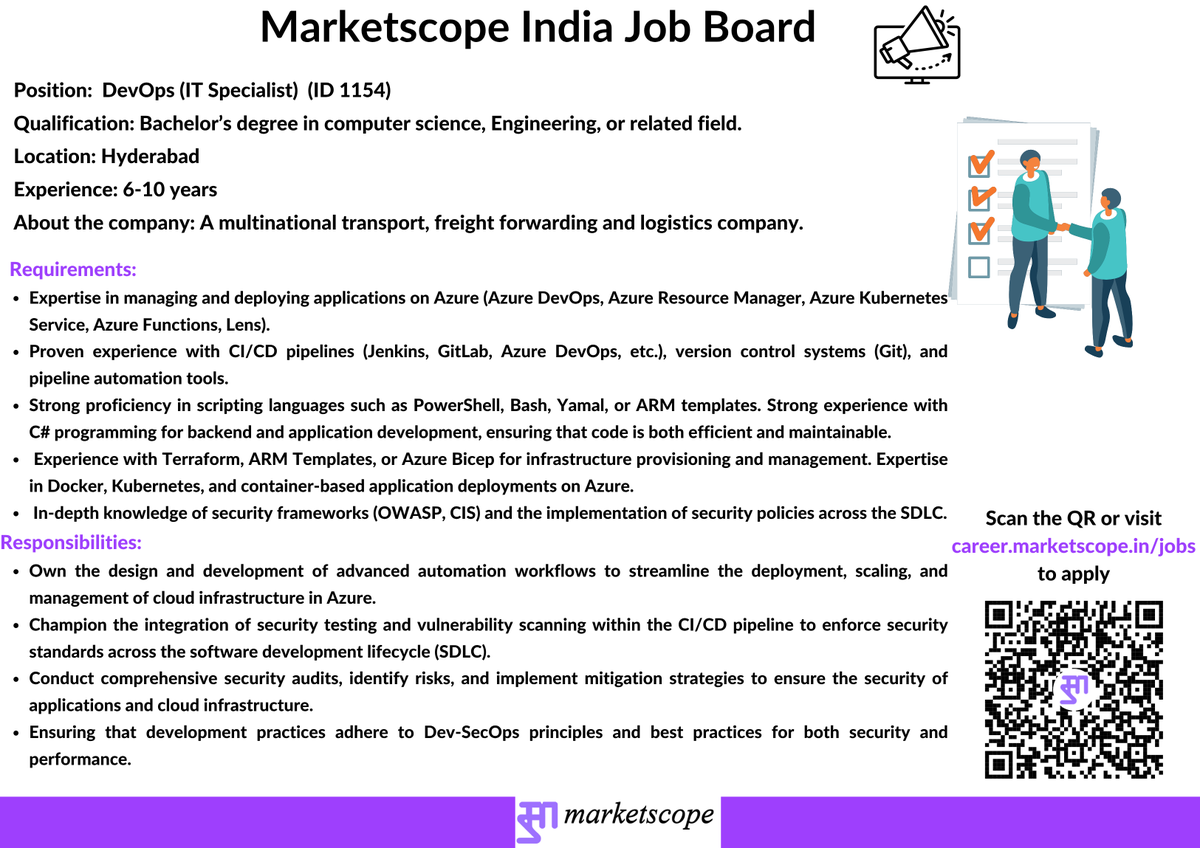 Marketscope_IND's tweet image. Job Alert !!!
We are currently looking for candidates for a Devops IT Specialist for a multinational transport, freight forwarding and logistics company.

Experience: 6-10 Years
Location: Hyderabad

To apply please visit
career.marketscope.in/jobs
(Please search for ID 1154)

For…