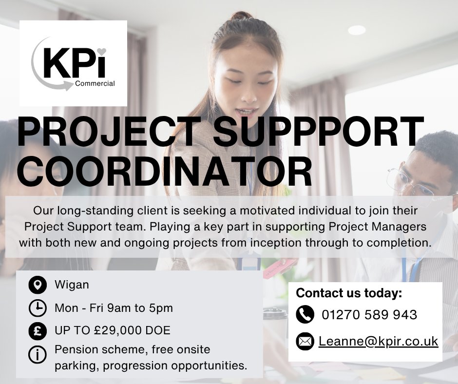 kpirecruitinguk's tweet image. 🧑💼 PROJECT SUPPORT COORDINATOR
💷 £29,000 DOE
📍 Wigan
🗓️ Mon-Fri, 9 am-5pm
🌐 Find out more: bit.ly/KPIRProjectSup…
📞 Leanne on 01270 589 943 ✉️ Leanne@kpir.co.uk
#ProjectSupport #WiganJobs #ProjectCoordinator #NorthWestJobs #CareerOpportunities #JobVacancy