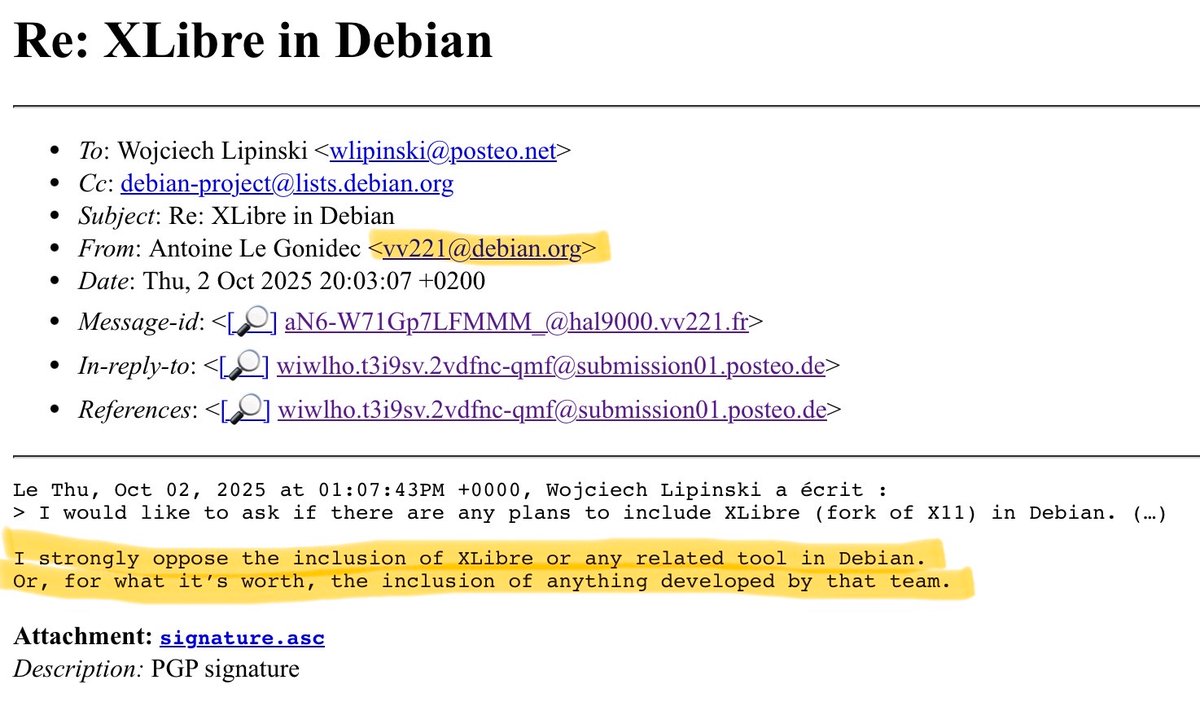 LundukeJournal's tweet image. Debian developers declare that XLibre (the open source fork of Xorg) is run by “Nazis” who would “would have sent [someone] to a camp, were they given the opportunity.”

“I am not willing to let Debian become a Nazi bar.”

This stance is reinforced by multiple Debian Developers,…
