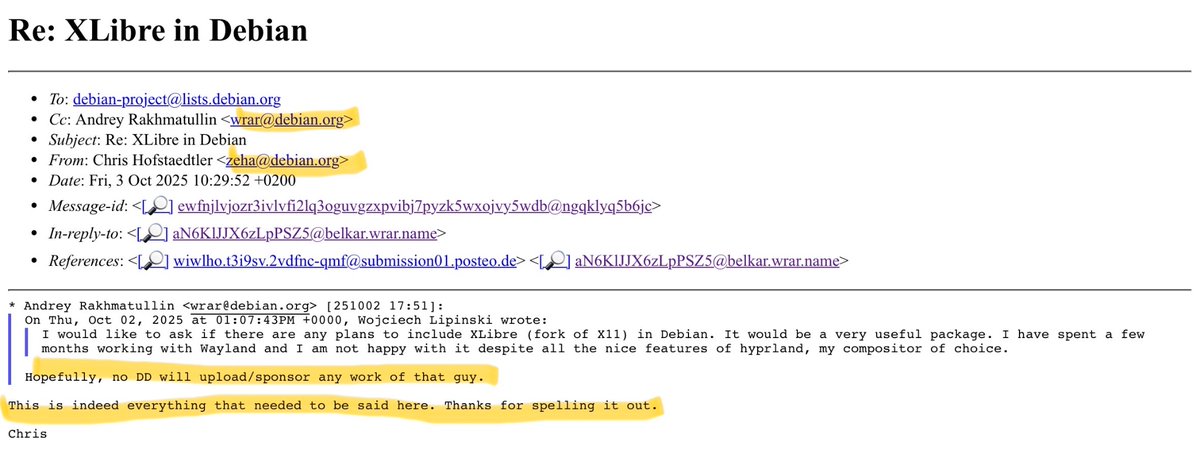 LundukeJournal's tweet image. Debian developers declare that XLibre (the open source fork of Xorg) is run by “Nazis” who would “would have sent [someone] to a camp, were they given the opportunity.”

“I am not willing to let Debian become a Nazi bar.”

This stance is reinforced by multiple Debian Developers,…