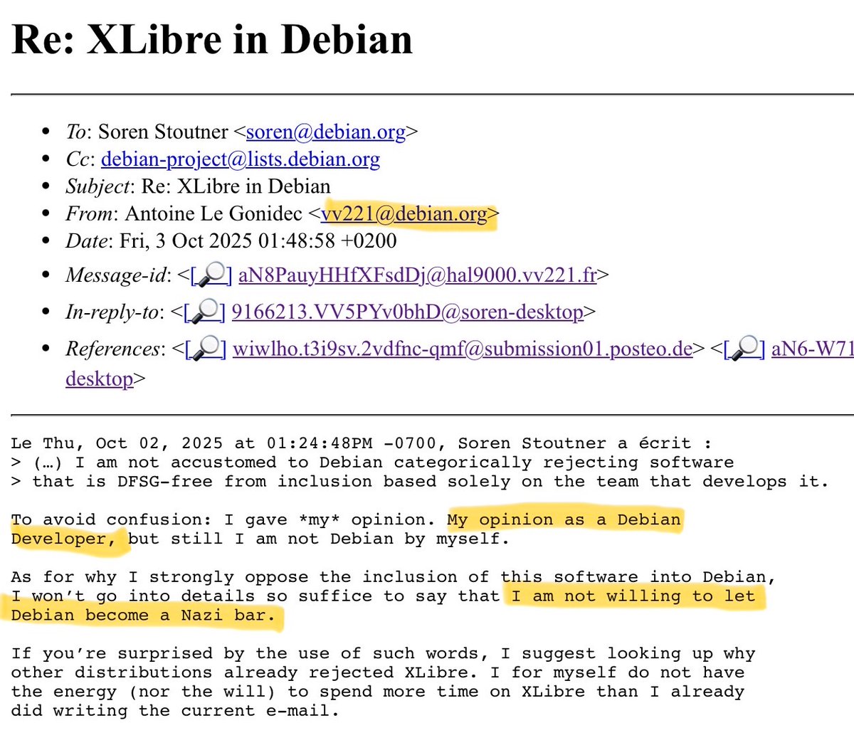 LundukeJournal's tweet image. Debian developers declare that XLibre (the open source fork of Xorg) is run by “Nazis” who would “would have sent [someone] to a camp, were they given the opportunity.”

“I am not willing to let Debian become a Nazi bar.”

This stance is reinforced by multiple Debian Developers,…