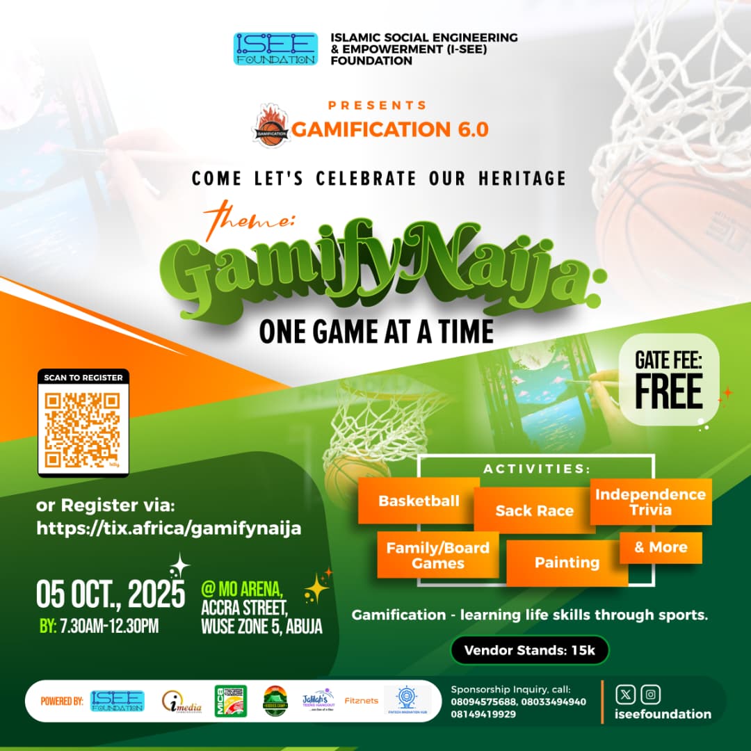 FREE EVENT
Muslim Friendly Games | Abuja
Registration link: tix.africa/gamifynaija
THIS WEEK

Come cruise with the Ummah on Sunday 5th October,2025 @ MO Arena ,Accra Street Zone 5, 7.30- Noon.
Gate- FREEEE!
Games include
Bball,football,table tennis,Scrabble,Chess,Aerobics &amp; more