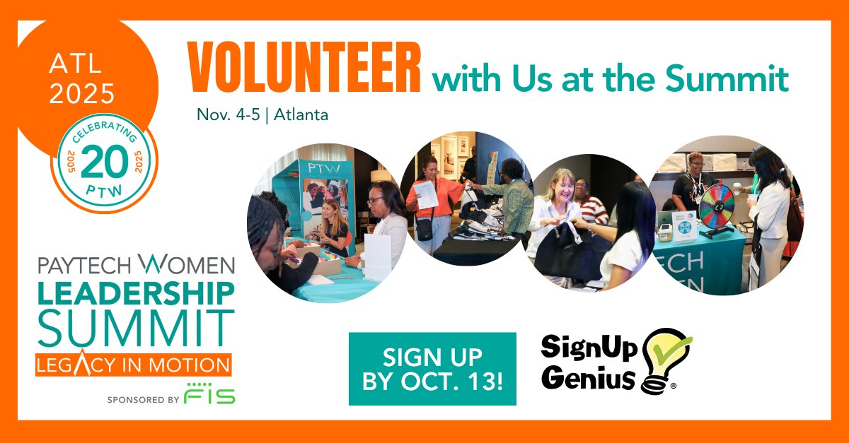 🎯Make your mark at #PTWSummit2025, sponsored by <a href="/FISGlobal/">FIS</a>!
Volunteer 11/4-5, connect with leaders &amp; celebrate #PTW20YearsStrong. 
Even 1 hr makes a difference!
Sign Up by 10/13: bit.ly/4gWcBR5
#RiseThriveConnect #LegacyInMotion #PayTechWomen #paytech #payments #fintech