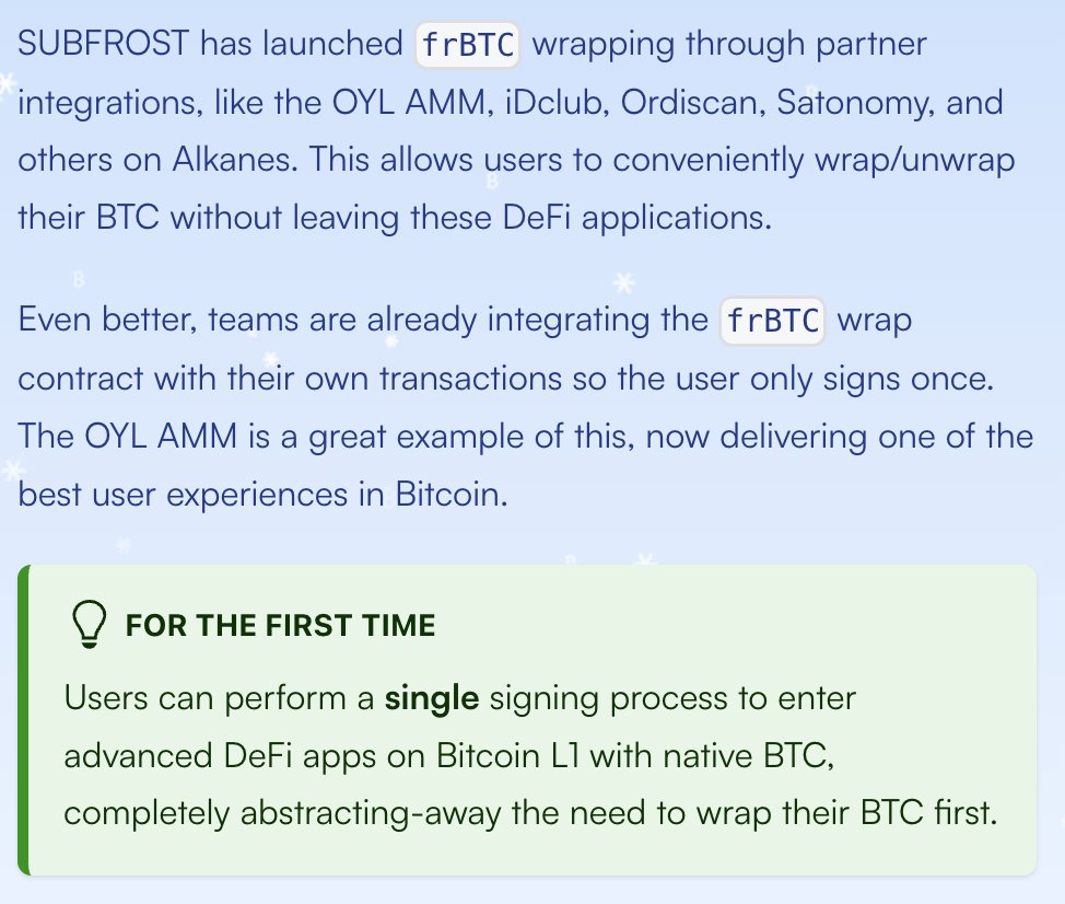 frBTC is LIVE on Alkanes! ❄️

Trust-minimized, 1:1 wrapped BTC, enabling seamless BTC use in DeFi apps on Bitcoin L1.

The foundation for amazing UX in Bitcoin DeFi is now here. Thank you to every builder, past and present, who made this possible.

Learn more: SUBFROST dot io 🩵
