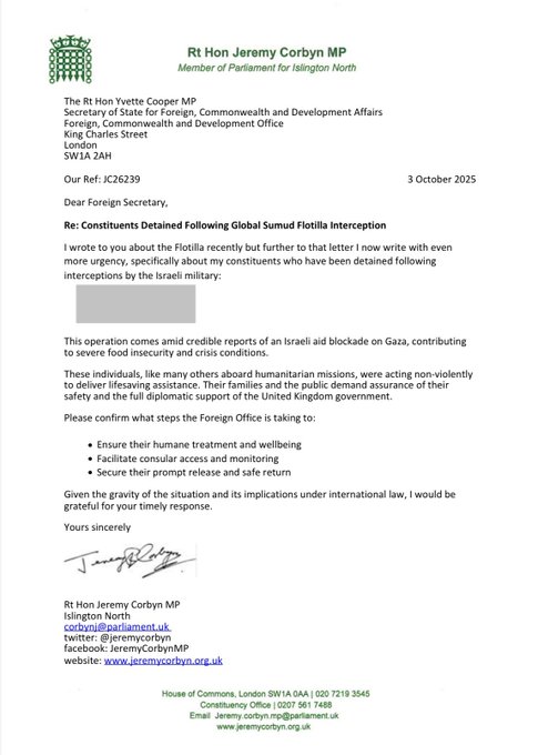 A letter on House of Commons letterhead with the logo of the UK Parliament at the top. The letter is addressed to Rt Hon Jeremy Hunt MP, Foreign Secretary, and signed by Jeremy Corbyn MP. It includes text discussing constituents detained by Israel and requests for their release, with contact details at the bottom.
