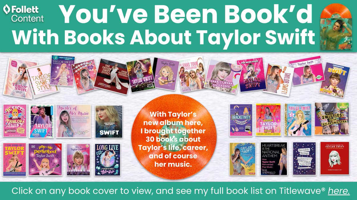 shannonmmiller's tweet image. To celebrate Taylor's new album, I brought together 30 books about @taylorswift13 life, career, and of course her music.🩷
Click on any book cover to view in @follettcontent Titlewave. 📚 
buff.ly/TW7vyqZ
#TaylorSwift #tlchat #futurereadylibs #books #libraries #ISTELib…