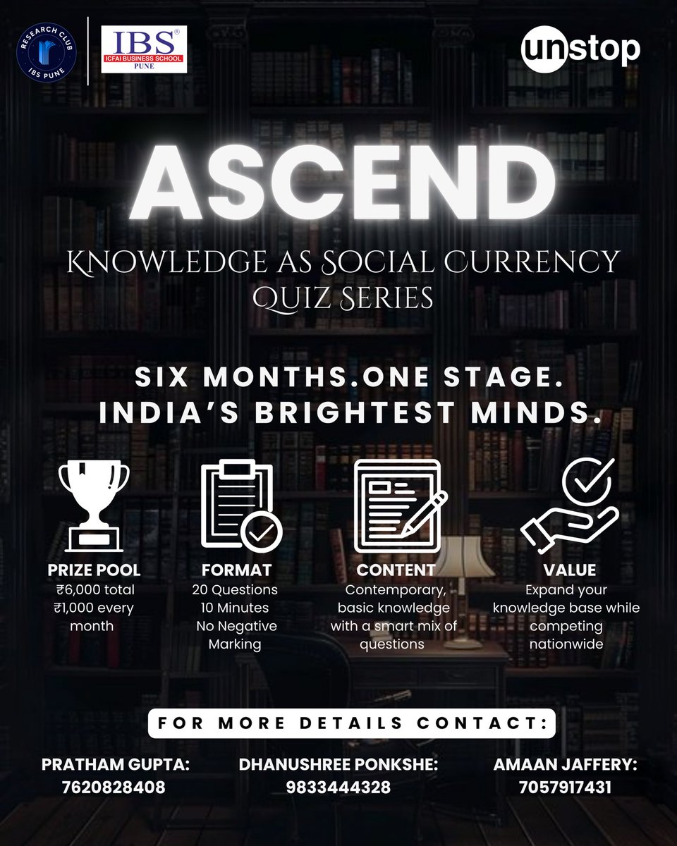 PuneIbs's tweet photo. Knowledge is the only currency that grows the more you spend it.

Register here: https://t.co/GtU7bbCgtp

#ASCEND #KnowledgeAsSocialCurrency #IBSPune #ResearchClub #QuizSeries #IBSAT #IBSAT2025 #PGPM #IBSAF #IBSATFORNEWAGELEADERS https://t.co/IqVhARr5rI