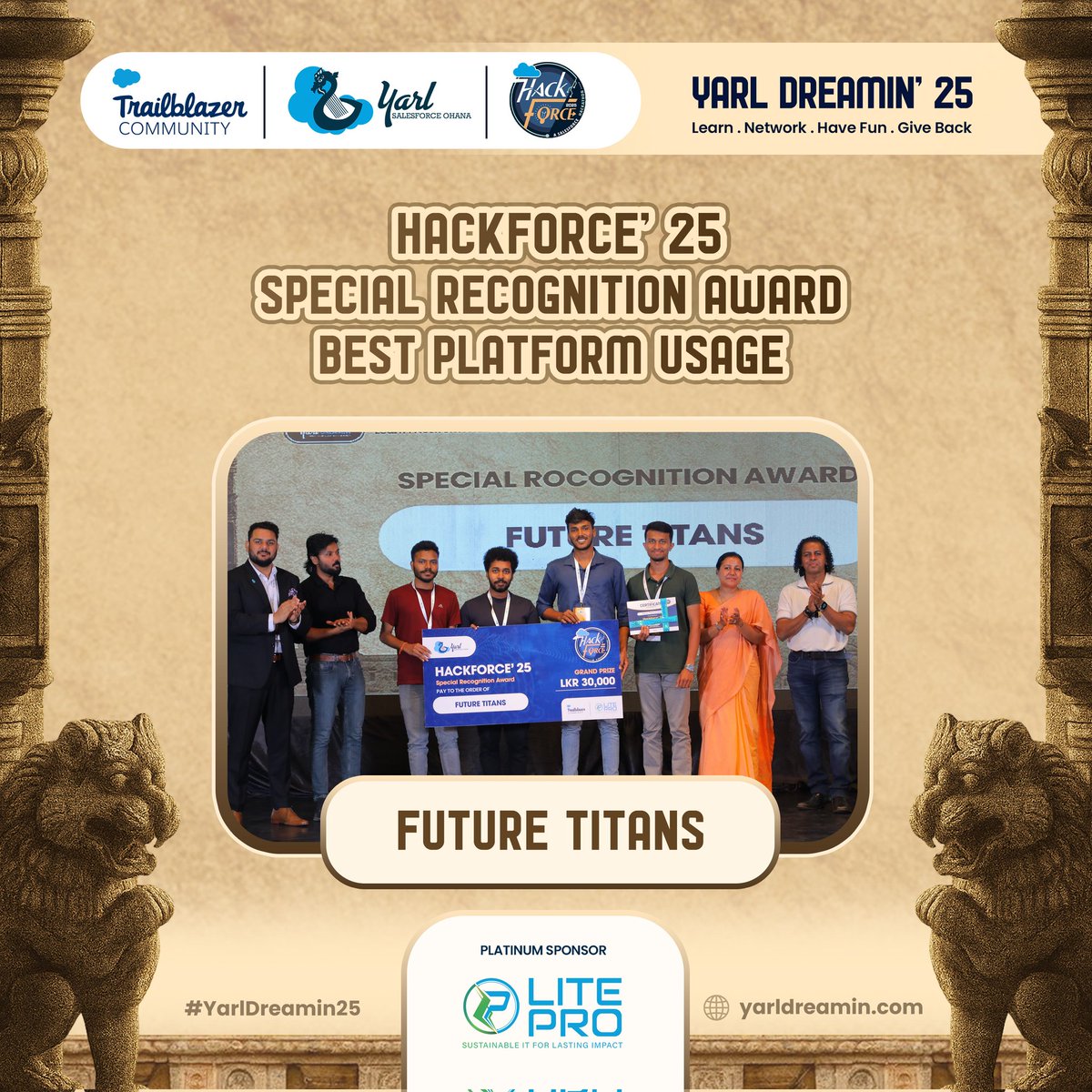 🌟 Congratulations to Future Titans for winning the Special Recognition Award for Best Platform Usage at Hackforce’ 25!
Their smart and effective use of Salesforce truly stood out, earning them this well-deserved recognition. 

#Hackforce25 #YarlSFO #Salesforce #Agentforce