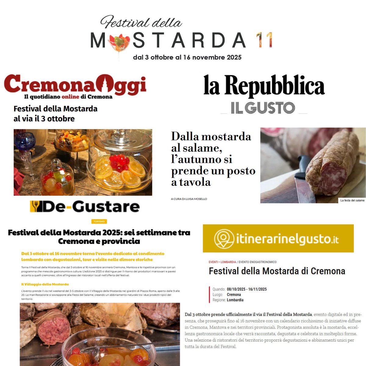 Anche quest'anno siamo al fianco della manifestazione che promuove una delle eccellenze del territorio lombardo, il Festival della Mostarda la cui 11a edizione prende il via oggi a Cremona