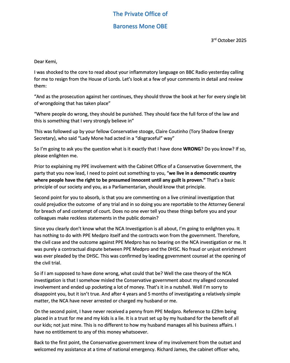 MichelleMone's tweet image. Yesterday, Kemi Badenoch, Leader of the Conservative Party, publicly called for me to resign from the House of Lords using reckless, inflammatory, and false language.
Let me be clear: I have done NOTHING wrong. I was asked to help during a national emergency. I acted in good…