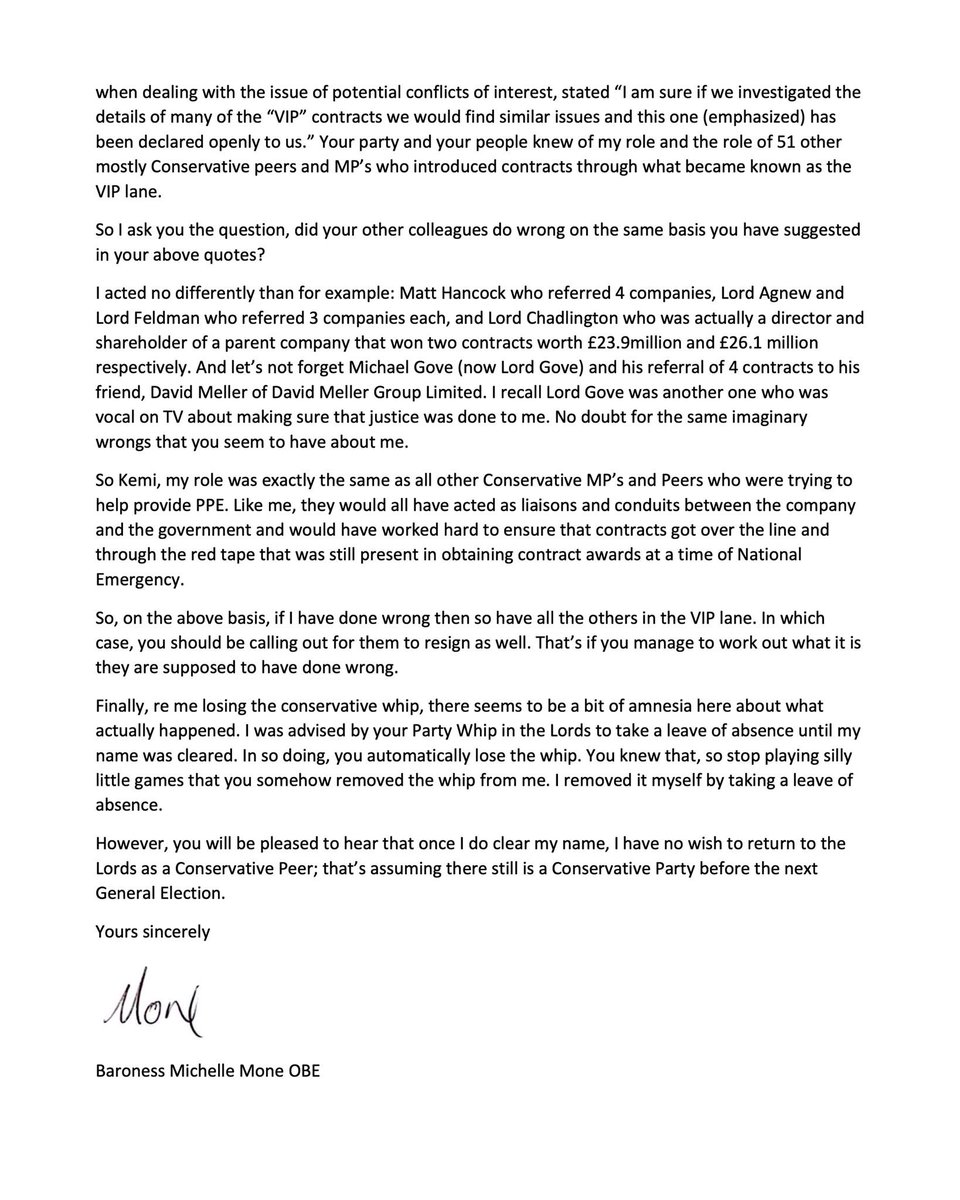 MichelleMone's tweet image. Yesterday, Kemi Badenoch, Leader of the Conservative Party, publicly called for me to resign from the House of Lords using reckless, inflammatory, and false language.
Let me be clear: I have done NOTHING wrong. I was asked to help during a national emergency. I acted in good…