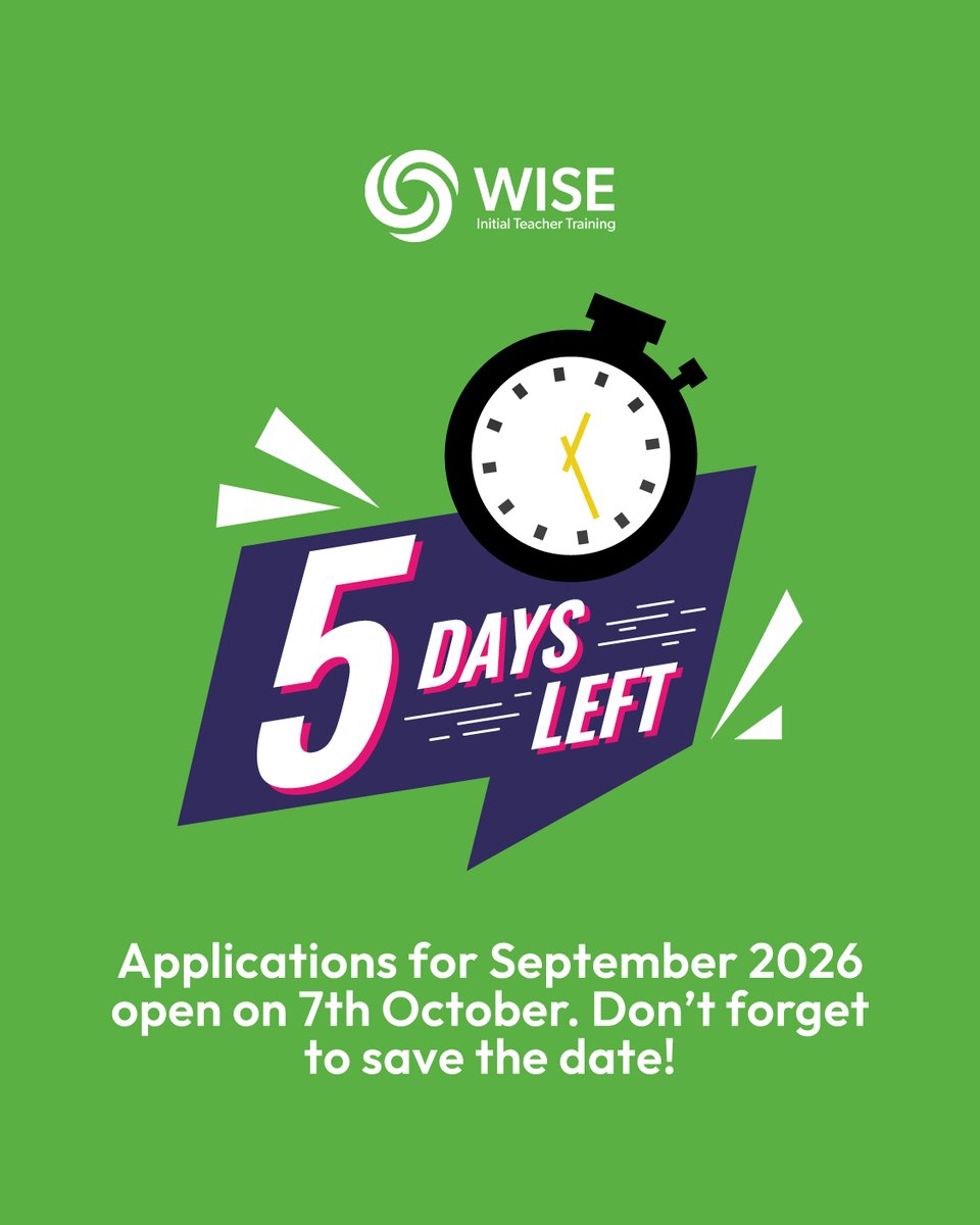 It’s 5 days until applications open for WISE ITT!⏳

With a 100% pass rate, our programme combines expert training, dedicated support, and a commitment to helping you excel.

Start your teaching career with confidence: wiseacademies.co.uk/wise-itt 

#teachertraining #ITT