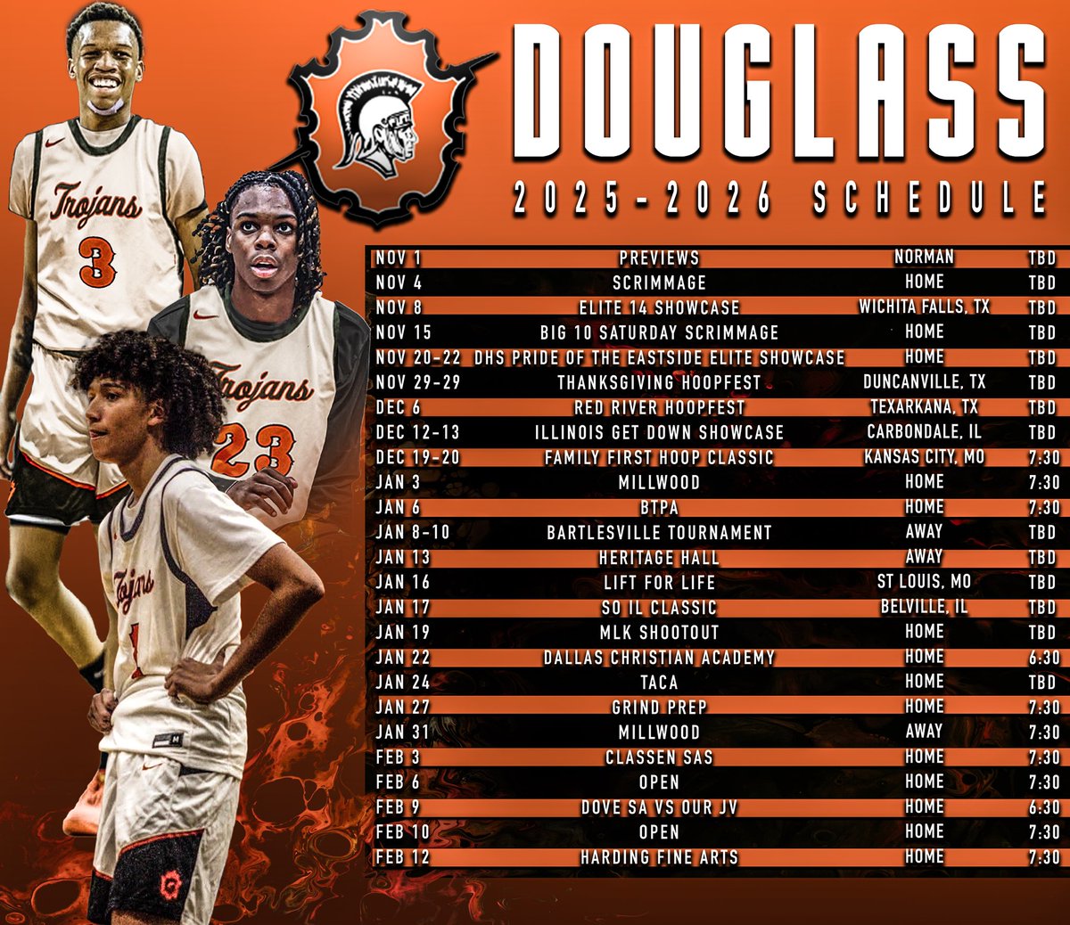 Stage is set
2025-206 Douglass Trojans schedule 
🧡🖤⚔️🛡️🏀