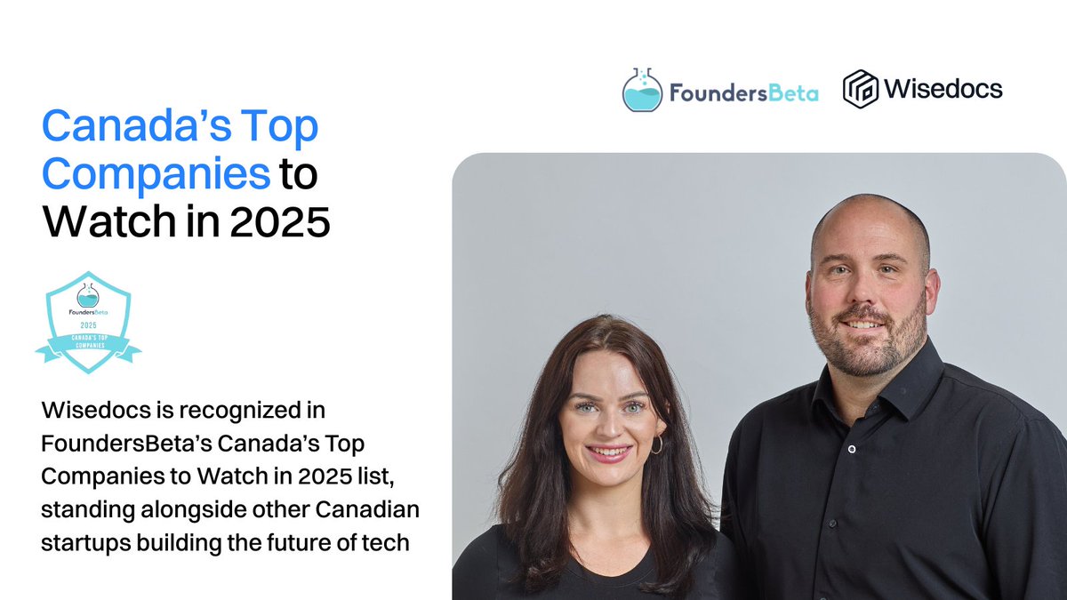 Wisedocsai's tweet image. 🎉 #Wisedocs has been named one of @FoundersBeta’s Canada’s Top Companies to Watch in 2025

Huge thanks to Eric Rafat and the FoundersBeta team, and congrats to the amazing Canadian startups shaping the future 🚀

👉 See the list: hubs.ly/Q03L_0Ym0