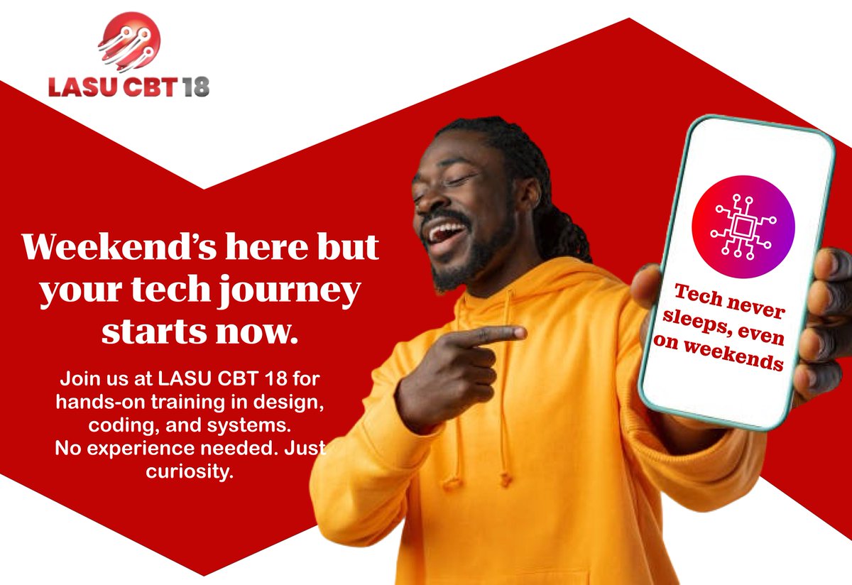 LCbt18's tweet image. Weekend’s here - but your tech journey doesn’t pause.

No experience needed. Just show up with curiosity.

We’ll teach you the rest at LASU CBT 18.

Call or Text 0812 9565381 to start learning this weekend.

#TechForEveryone #CodeYourFuture  #LASUCBT18   #TechMadeSimple
