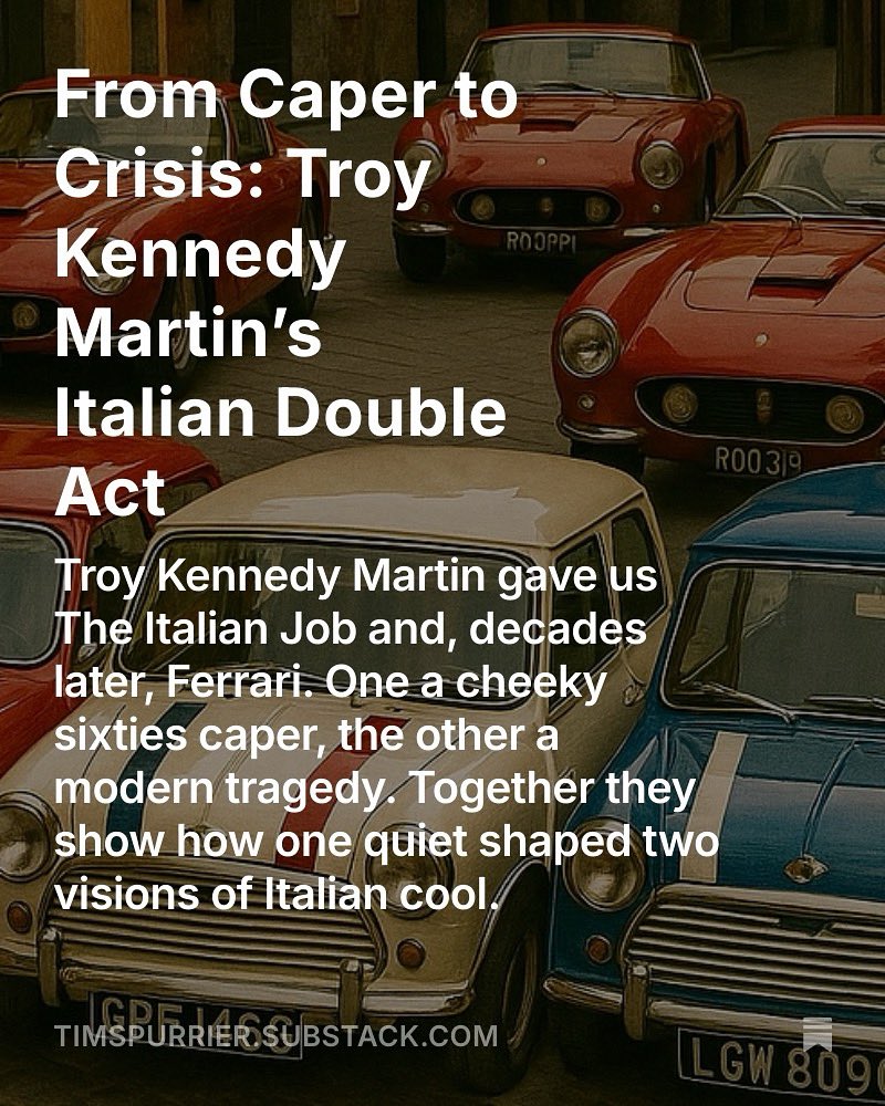 1969: The Italian Job — cheek and Minis.
2023: Ferrari — grief and speed.
One writer connects them both.

New Substack essay on Troy Kennedy Martin:
timspurrier.substack.com/p/from-caper-t…

#TheItalianJob #Ferrari #Film #TroyKennedyMartin