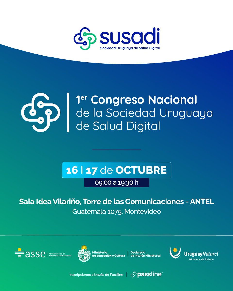 Este 17 de Octubre estaré formando parte del 1er Congreso de la Sociedad Uruguaya de Salud Digital!
<a href="/susadi_org/">Sociedad Uruguaya de Salud Digital</a> 🗓️ 16-17 OCT  📷Torre de las Comunicaciones (ANTEL). Debate sobre el futuro de la #SaludDigital: IA, marco legal, telemedicina, gobernanza e innovación.
