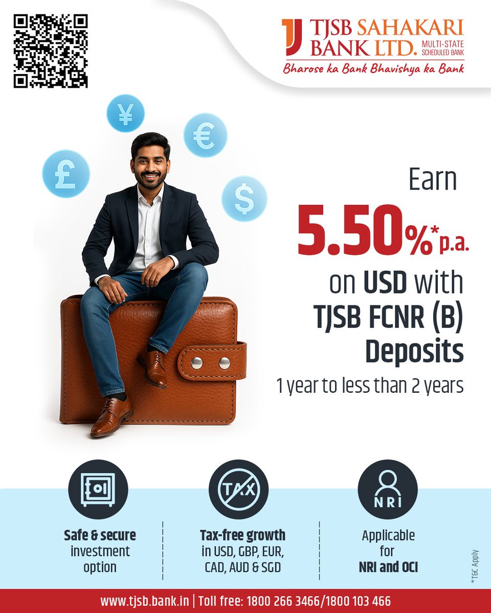 Turn overseas income into a promise of stability with TJSB FCNR deposits  Safe investments, attractive returns and tax free growth make your money  feel at home. Apply Now - https://t.co/uHc46ai8V5. T&C Apply. #