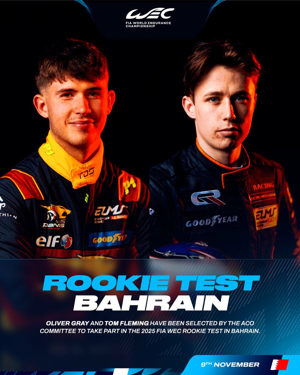 FIA World Endurance Championship (@fiawec) on Twitter photo 🚨 Two <a href="/EuropeanLMS/">European Le Mans Series</a> rising stars confirmed for Bahrain’s Rookie Test!
Ollie Gray (<a href="/vdSPanisRacing/">vdS Panis Racing</a>) and Tom Fleming (<a href="/GRRacingUK/">GR Racing UK</a>) will take to the track in the world championship-winning Hypercar and LMGT3 car respectively.
The full entry list will be revealed soon.
#WEC 🚨 Two <a href="/EuropeanLMS/">European Le Mans Series</a> rising stars confirmed for Bahrain’s Rookie Test!
Ollie Gray (<a href="/vdSPanisRacing/">vdS Panis Racing</a>) and Tom Fleming (<a href="/GRRacingUK/">GR Racing UK</a>) will take to the track in the world championship-winning Hypercar and LMGT3 car respectively.
The full entry list will be revealed soon.
#WEC
