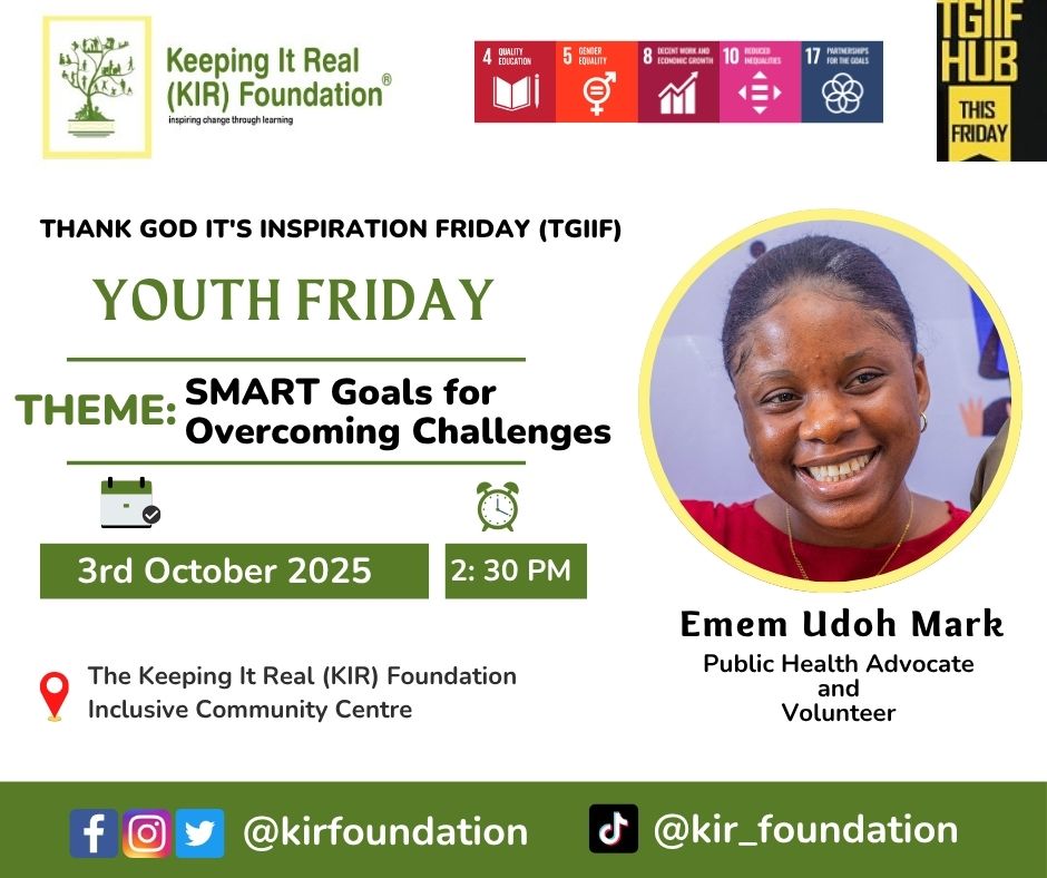 kirfoundation's tweet photo. #HappyNewMonth!π
Have you set your goals for September yet?
Join the @kirfoundation #TGIIF Youth Hub by 2:30 PM today for an inspiring #GoalFriday session with Emem Udoh.
Today, we will learn how to set #SMART goals for overcoming challenges. π
#OvercomeChallenges #Greatness https://t.co/jvTMd1prYA