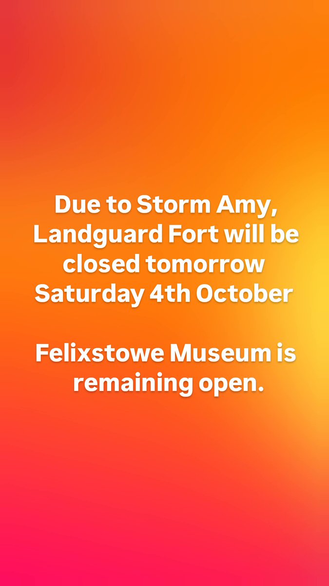 Landguard Fort will be closed tomorrow Saturday 4th October, due to Storm Amy.
Felixstowe Museum is remaining open.
The Fort will reopen on Sunday 5th October.
We apologise for any inconvenience caused.