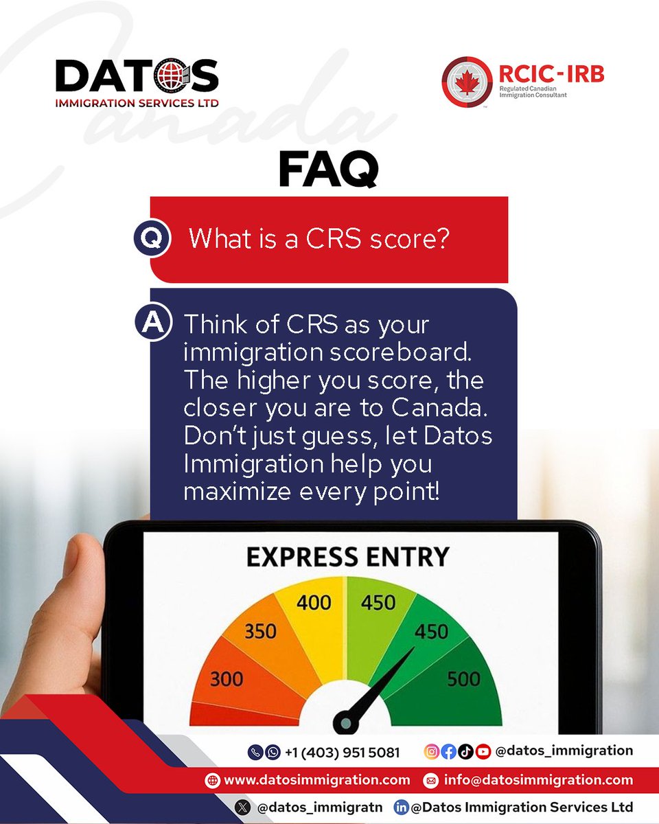 datos_immigratn's tweet image. Your CRS score isn’t just a number, it’s your ticket in the Express Entry pool.  The higher you score, the faster your Canadian dream becomes reality. Let’s help you boost it!”
#CRSScore #ExpressEntry #DatosImmigration #MoveToCanada #CanadaDream