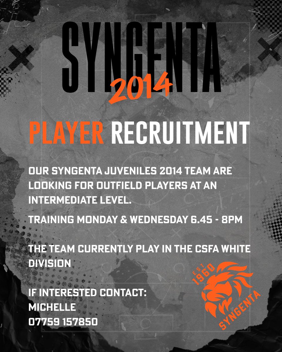 Our Syngenta Juveniles 2014 team are looking for outfield players at an intermediate level.

Please contact Michelle on the details below if you know anyone suitable 👍🏻